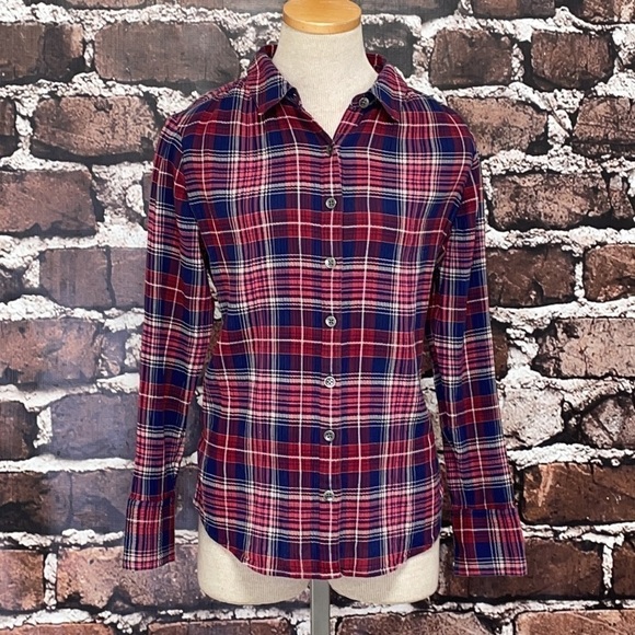 Caslon Top Button Shirt Plaid Red Blue XSP - Picture 3 of 12